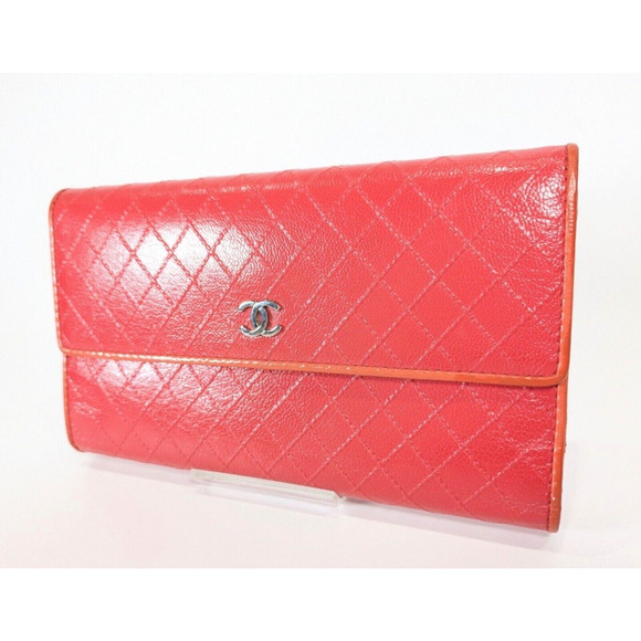 RARE Authentic CHANEL Wallet Red Orange Leather Bicolore CC W/Box - Picture 5 of 11